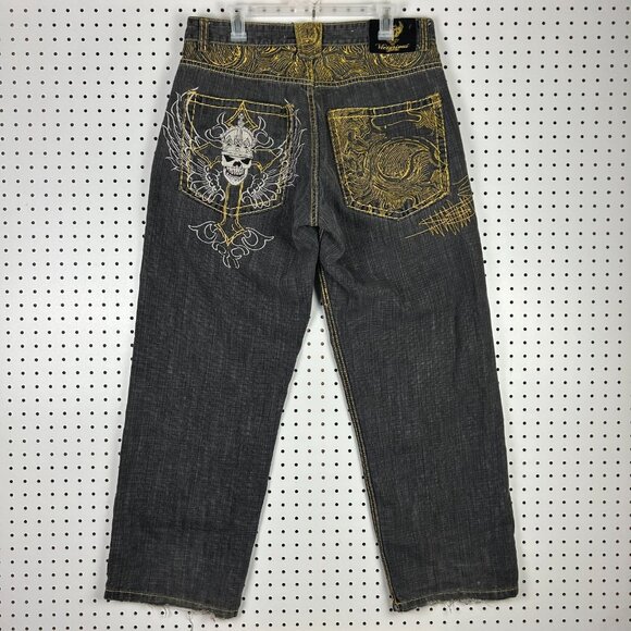 Victorious Y2K Baggy Gothic Jeans 34x32 Gold Stitched Skull Cross Wings Grunge - Picture 1 of 7